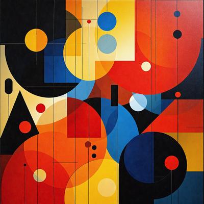 The primary subject of the image is a colorful painting featuring a variety of shapes and colors. The setting is a wall, and the visual style appears to be a combination of digital art and illustration. The painting has a vibrant and lively atmosphere, with a mix of red, yellow, blue, and orange colors. The shapes in the painting are diverse, including circles, squares, and other geometric forms. The overall effect is a visually engaging and dynamic piece of art.